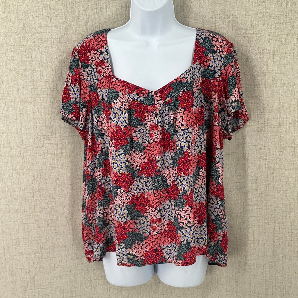 Knox Rose Blouse Womens XL Red Floral Boho Sweetheart Neck Cottagecore